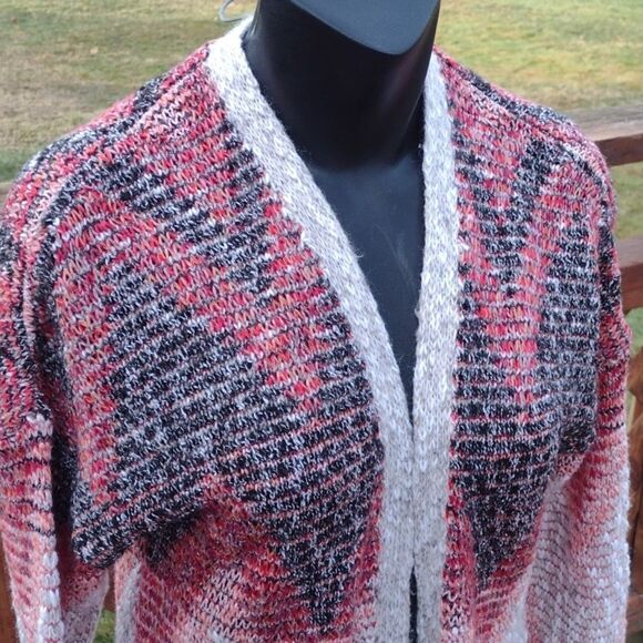 Lucky Brand Fringed Red and Pink Open Front Duster Cardigan Size Small - Picture 3 of 9